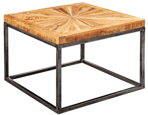 FineBuy Couchtisch 55x55x40,5 cm Mango Massivholz mit Sternmuster | quadratischer Wohnzimmertisch mit Metallgestell, Sofatisch aus Echtholz, handgefertigtes Unikat