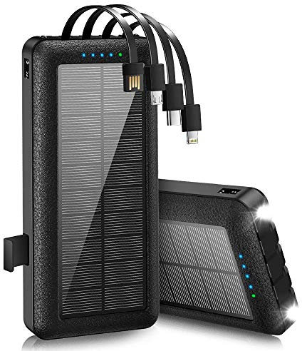 Portable Charger with Built in Cables Solar Power Bank 26800mAh Fast Charging with Phone Holder LED Flashlights External Battery Pack for iPhone Samsung