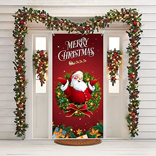 Weihnachtsfeierdekorationen - Große Frohe Hintergrund Banner, Stoff Santa Photo Booth Hintergrund Tür Abdeckung Wand Dekor für Outdoor Indoor, 90 x 185 cm