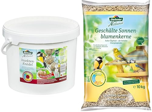 Dehner Natura Wildvogelfutter, geschälte Sonnenblumenkerne, 10 kg & Natura Wildvogelfutter, Insekten-Knödel, ohne Netz, 100 Stück (10 kg)