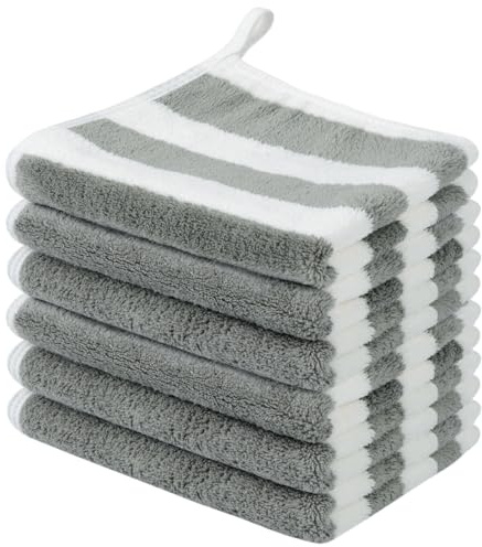 SINLAND 6 Stück Mikrofaser Gesichtstücher Waschbar Abschminktücher schnell trocknend Waschlappen saugfähig Gesichtsreinigungstücher weiches Make up Entferner Tücher 30 x 30 cm Grau Streifen