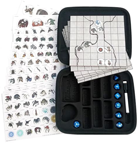 Game Master Compact Travel set for all Fantasy Tabletop RPGs with Figure Tokens, Dungeon Tiles, Dice, Dry Wipe Pen and Eraser. Game Master gift ideal for Runequest Pathfinder D&D DND Player