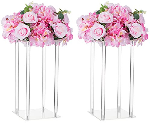 NUPTIO Acrylic Vase Wedding Centrepieces - 2 Pcs 15.7in Tall Flower Stand Flowers Vases for Birthday Party Weddings Table Decorations - Elegant Geometric Column Centrepiece Display Stands Holder