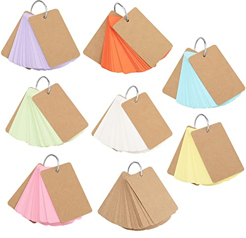 HEIHAK 8 Pack Flash Cards Cards with Rings, 400 Pcs Blank Revision Cards, Kraft Paper Study Card for Memory, Learning, Note, DIY (50 Sheets in 8 Colors per Set)