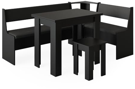 Vicco Combinazione di panche e tavolo ad angolo Roman, Nero, 180 x 120 cm con tavolo, adatto per il posizionamento ad angolo in cucine e sale da pranzo