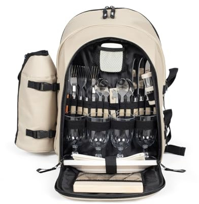 Livoo Picknick-Rucksack für 4 Personen SE970C – 11 l, 600D, 30 Zubehörteile, Creme