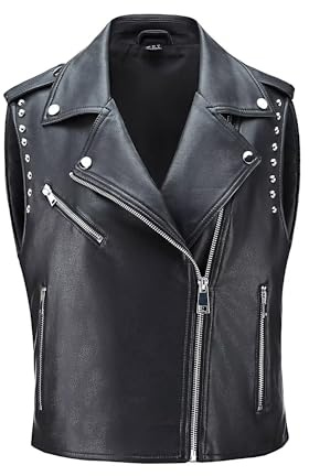 WYOYW Women Faux Leather Vest Rivet Moto Biker Vest Pu Leather Motorcycle Waistcoat Black M