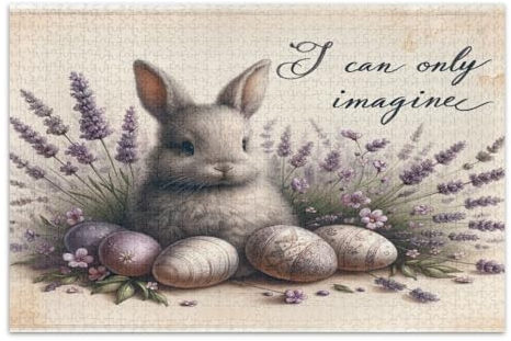 Vintage Lavendel Blumen Osterhase Eier Puzzles für Erwachsene 1000 Teile Weiß Elefant Geschenkideen Coole Puzzles, Fertige Größe 29,5 x 19,7 Zoll