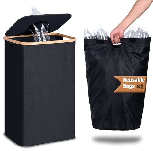 efluky 100L Poubelle de Recyclage avec Trou, Collecteur de Bouteilles Consignées avec couvercle, Rangement de Bouteilles Consignées avec Deux Sacs de Transport