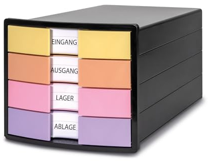 HAN Schubladenbox IMPULS 2.0 mit 4 geschlossenen Schubladen für DIN A4/C4 inkl. Beschriftungsschilder, Auszugsperre, möbelschonende Gummifüße, premium Qualität, 1012-139, schwarz/pastell