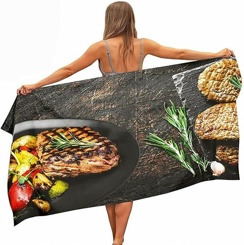 okoikfc 3D Strandtuch 100x200 cm Steak Badetuch Groß Steak Microfaser Handtücher Weich Schnell Trocknen Strandhandtuch Herren Frauen Badetücher, Strandtücher Strandlaken Handtuch A1720