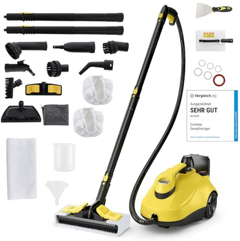 COSTWAY Limpiador a Vapor de 2000W, Multiuso Limpiador de Vapor con 16 Accesorios y Tanque Grande de 1,8 L, Máquina de Limpieza a Vapor con Ruedas para Pisos, Ventanas, Vidrio, Alfombras (Amarillo)