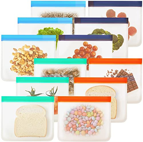 12Pack Reusable Food Storage Bags,Leakproof Reusable Freezer Bags,Extra Thick Reusable Gallon Bags,Food Grade Silicone Food Bags for Snack Sandwich Fruit Meat Travel Items,BPA Free