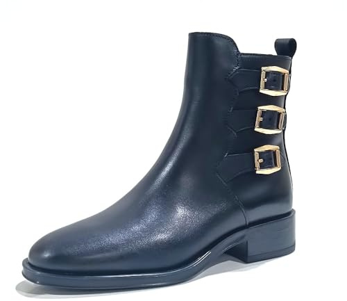 ALPE - Botín con tacón ancho y bajo,punta fina,piel,hebillas en el tobillo,bota tobillera,cremallera, para: Mujer color: NEGRO talla:41