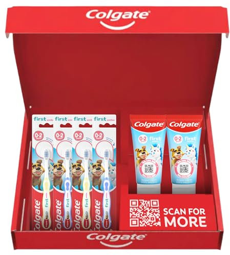 Colgate Kids Toothpaste Set 0-2 Years with 2X First Smiles Toothpaste 50ml & 4X Kids Toothbrushes 0-2 Years - Protects Milk Teeth - Dentist Recommended Level of Fluoride