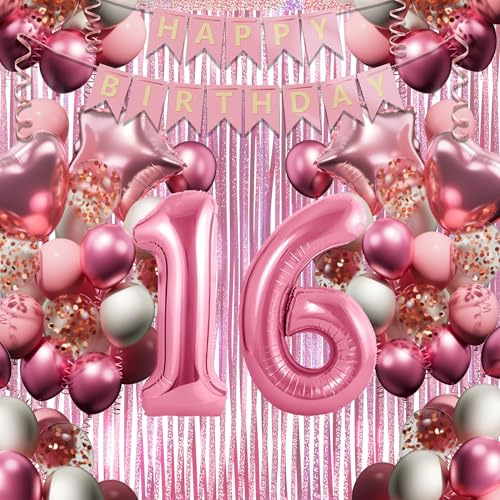 16. Geburtstagsdeko Mädchen, Rosa-Weiß Geburtstag Luftballons Set mit XXL Zahl 16, 40 Latexballons, 4 Folienballons, Rosavorhang & Happy Birthday Banner usw, Party Deko für 16-jährige Junge Frau