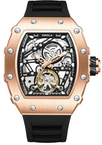 DAXIAOYU Mode Tonneau silikonrem helautomatiska klockor för män urholkade roder svänghjul mekanisk klocka Tourbillon skelett vattentät armbandsur, Rosa svart, Lyx