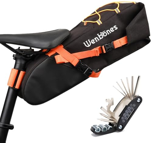 Wenbones Borsa da Sella Impermeabile 100%, Borsa Bici Sottosella per MTB e Bici da Corsa, 10L Capacità, Tasca per Strumenti di Riparazione, Fibbia Arancione per Sicurezza (Nero)
