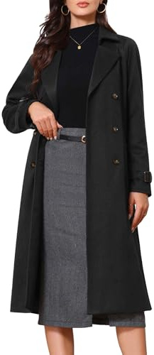Allegra K Double Breasted Coat for Women's Notched Lapel Long Sleeve Belted Winter Long Overcoat Black S