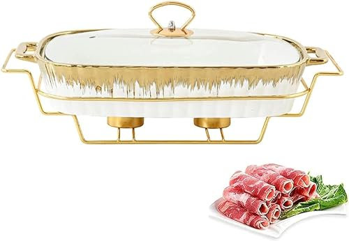 GUHPZA Ceramics Chafing Dish Buffet Set, Underglaze Rectangle Buffet s W/Glass Transparent Lid amp; Chafing Fuel Holder, Winter Food Warming,L