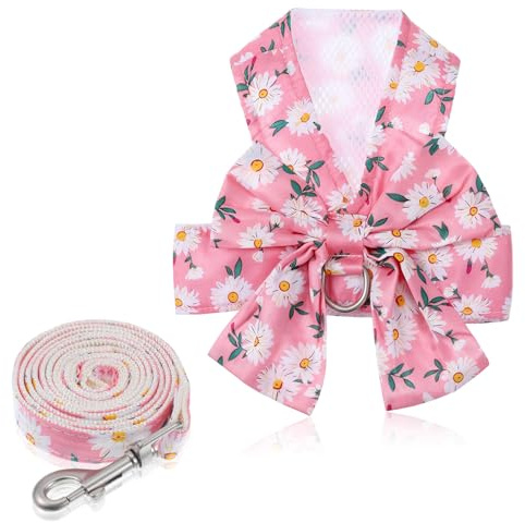 Thinp Ensemble harnais et laisse réglable avec nœud papillon anti-traction - Motif floral et marguerites - Vêtements d'été pour animaux domestiques de petite fille - Chiens et chats - Rose