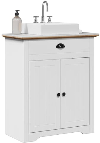 Mobile Lavabo Bagno in Legno Massello di Pino, Mobile Sottolavabo con 2 Ante, Struttura Robusta e Resistente all'Umidità, Design Rustico ed Elegante, Colore Bianco e Marrone,