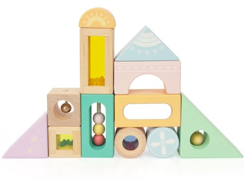 WOODENFUN 12 Stück Regenbogen Sound Komponenten Kinder Baby Stimme Block Spielzeug Set Bunte Bausteine Klangbausteine Stapelturm Montessori Spielzeug Baby ab 1 Jahr (Blau)