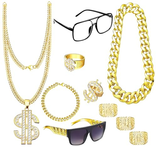 Jyeennar 10 st 80-tal 90-tal hiphop-kostym set för kvinnor och män – falsk guldkedja, solglasögon, ringar och armbandstillbehör kit | Premium guldpläterad finish | Perfekt för 90-talet fin klänning