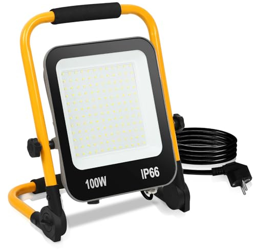 ISOISL Faretto LED da costruzione, 100 W, 8000 lm, 220 V, lampada da lavoro a LED con spina, IP66, impermeabile, con cavo 3 m, portatile, per officina o cantiere, garage, 6000 K
