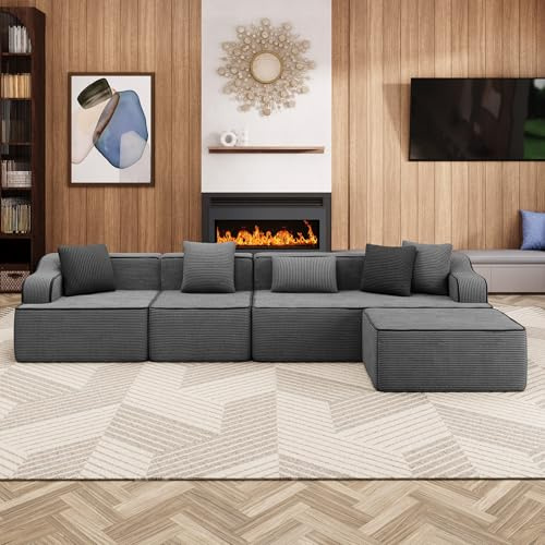 ALPHA HOME Ecksofa mit Schlaffunktion, 5 Sitzer Boneless Couch | Modulares Sofa mit 5 Zierkissen für das Wohnzimmer, Montagefrei, Cord, Grau