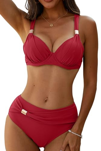 Yutdeng Women Two Piece Bathing Suits Underwire Push Up Bikini Set with Removable Pads High Waisted Swimsuit Vintage Swimwear Tummy Control Swimming Costume