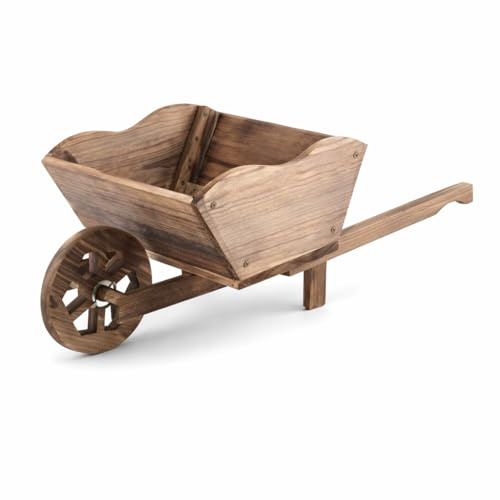 RANRHA Rustic Wooden Wheelbarrow Planter – Decorative Garden Wheelbarrow Flower Pot, Wooden Garden Planter for Outdoor Patio, Yard, Lawn & Farmhouse Decor