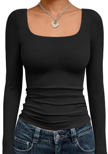 LILLUSORY Long Sleeve Tops Women UK Square Neck Double Lined T Shirts | Plain｜Slim Fit｜Lightweight｜Autumn Clothes｜Capsule Wardrobe Clothing｜Double-Lined Front｜Soft｜Comfortable｜Against the Skin