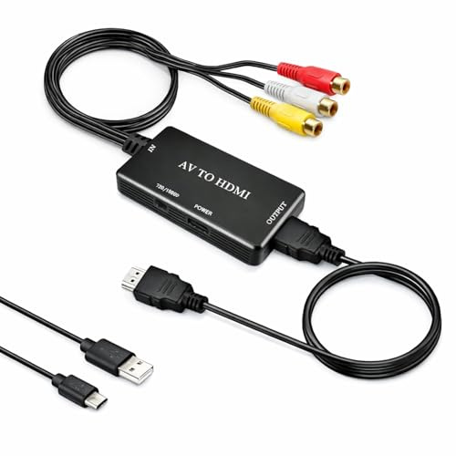 GERUI Convertidor RCA a HDMI, 1080P compuesto CVBS AV a HDMI, adaptador de convertidor de audio de vídeo PS2/Xbox/SNES/N64/TV/VCR/VCR/DVD, soporte para PAL/NTSC