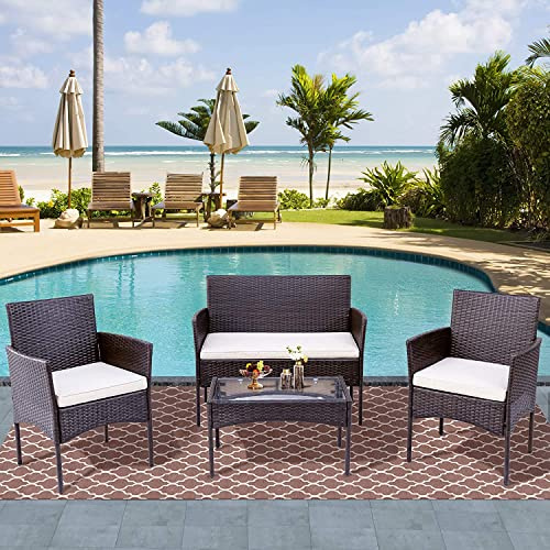 Drmilito 4 Pièces Salon de Jardin Extérieur Ensemble Terrasse Exterieur Mobilier de Jardin en Résine 2 Fauteuils, 1 Canapé 2 Places et 1 Table Tressée pour Terrasse, Jardin, Balcon