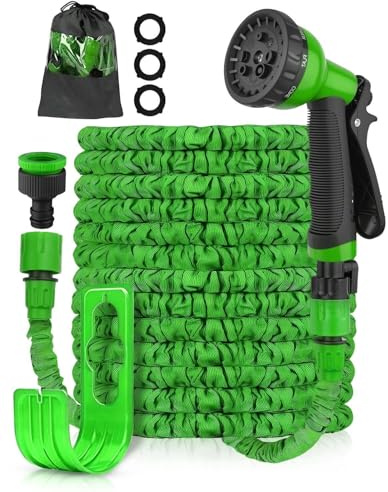 Tubo da Giardino Estensibile 30m con Pistola 8 Funzioni, Nucleo in Lattice Anti-Perdita, Raccordi 3/4 e 1/2(30M)