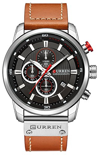 CURREN Orologio da polso da uomo, impermeabile, sportivo, cronografo, militare, multifunzione, in pelle, al quarzo (argento/nero), argento, cronografo, movimento al quarzo