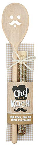 Hochwertiger Holz Kochlöffel Höhe 30 cm mit Gesicht und Gewürzmischung 15 Gramm sowie Rezeptidee in Geschenkform