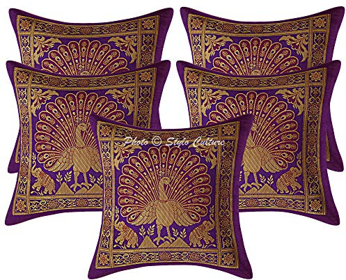 Stylo Culture Indio Fundas De Cojines Decorativos 30x30 cm Brocado De Seda Pavo Real Fundas Almohadones Sofa Morado 12x12 Inch Jacquard Cuadrado Cremallera Funda Cojin Cama - 5 Pcs