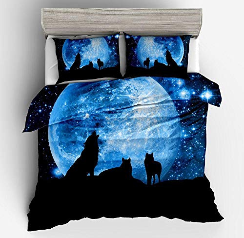 Bettwäsche Bettbezug Set,155x220cm Mond Wolf,1 teilig weiche Flauschige Bettbezüge mit Reißverschluss und 2 mal 80x80cm Kissenbezug