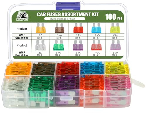 LOCOPOW 100Pcs Standard Blade Fuses Kit,Car Fuses Assortment Kit,RV Fuses, 5A/ 7.5A/ 10A/ 15A/ 20A/ 25A/ 30A/ 35A/ 40A/ 50A - Box Assortment-for Car/RV/Truck/Motorcycle/Boat/ATV/Camper