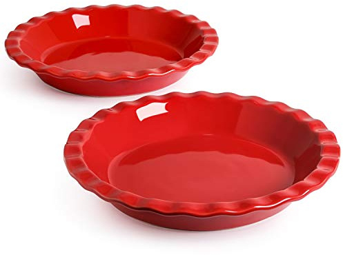 LE TAUCI Ceramic Pie Pans for Baking, 9 Inches Pie Plate for Apple Pie, Pecan Pie, 36 Ounce Deep Dish Pie Pan, Set of 2, Red
