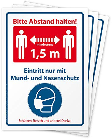 3 hochwertige Kombi-Aufkleber Bitte Abstand halten 1,5 m und Mund- Nasenschutz tragen, Hinweisschild zum Mindestabstand mit Maskenpflicht, Folie selbstklebend DIN A4 (210 x 297 mm)
