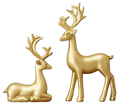 FANTESTICRYAN Small Reindeer Sculpture Resin Christmas Reindeer Elk 2pcs Christmas Home Decor Statues for Living Room, Bedroom, Office Desktop, Cabinets (Golden Small)