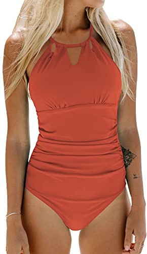 CUPSHE Women's One Piece Swimsuit High Neck Beach Swimwear Ruched Tummy Control Bathing Suit Swimming Costume Orange L