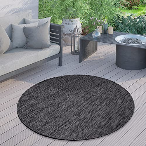 Paco Home Outdoor Teppich für Terrasse Balkon & Garten Flachgewebe Sisaloptik Modern Einfarbig Meliert Wetterfest Pflegeleicht, Grösse:200 cm Rund, Farbe:Anthrazit