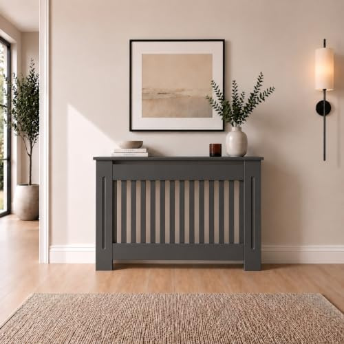 DuraTherm® Radiator Cover Anthracite Grey Painted Modern Vertical Slat Shelves MDF Cabinet Shelf for Radiators, Living Rooms, Bedrooms, Medium (H: 81.5cm / W: 112cm / D: 19cm)