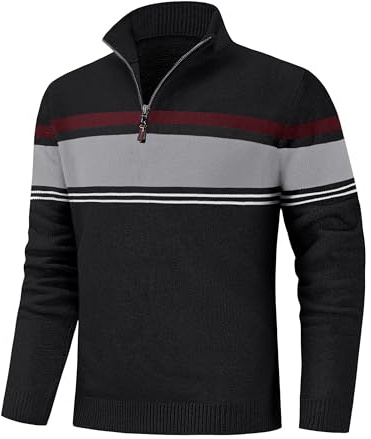 KEFITEVD 1/4 Zip Jumper Mens Thermal Knitted Sweaters Winter Warm Long Sleeve Pullover Half Turtleneck Jumpers Black Light Grey L