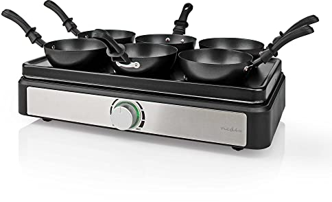NEDIS FCRA310FBK6 set de wok para fiestas – para 6 personas – con mini woks y espátulas – control de temperatura – revestimiento antiadherente – diseño rectangular – negro