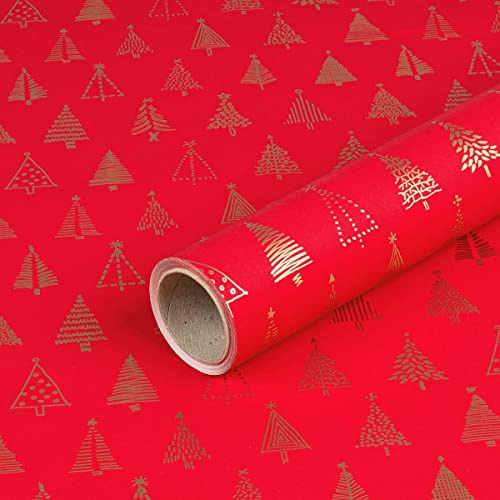 Natürlich verpacken Geschenkpapier, Rot mit Goldenen Tannen, Weihnachtspapier, 70 cm x 10 m